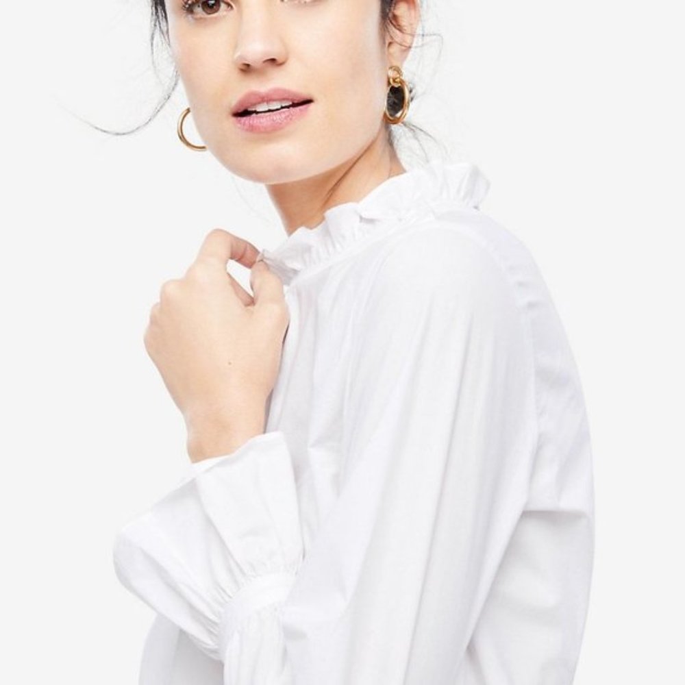 ISO: Ann Taylor White Ruffle Neck and Sleeve Top